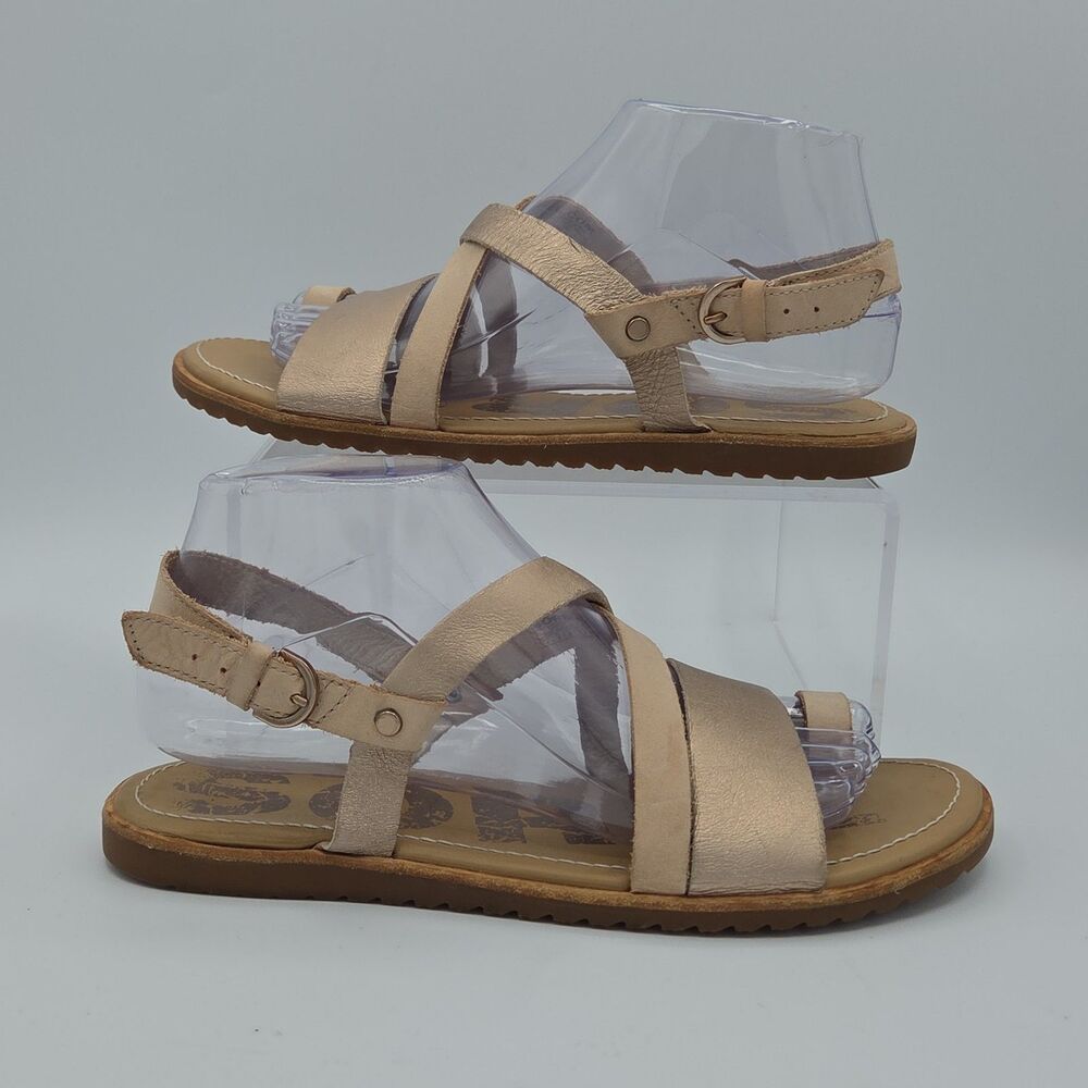 Sorel Ella Gold Metallic Leather Criss Cross Strappy Flat Sandals Womens Size 8